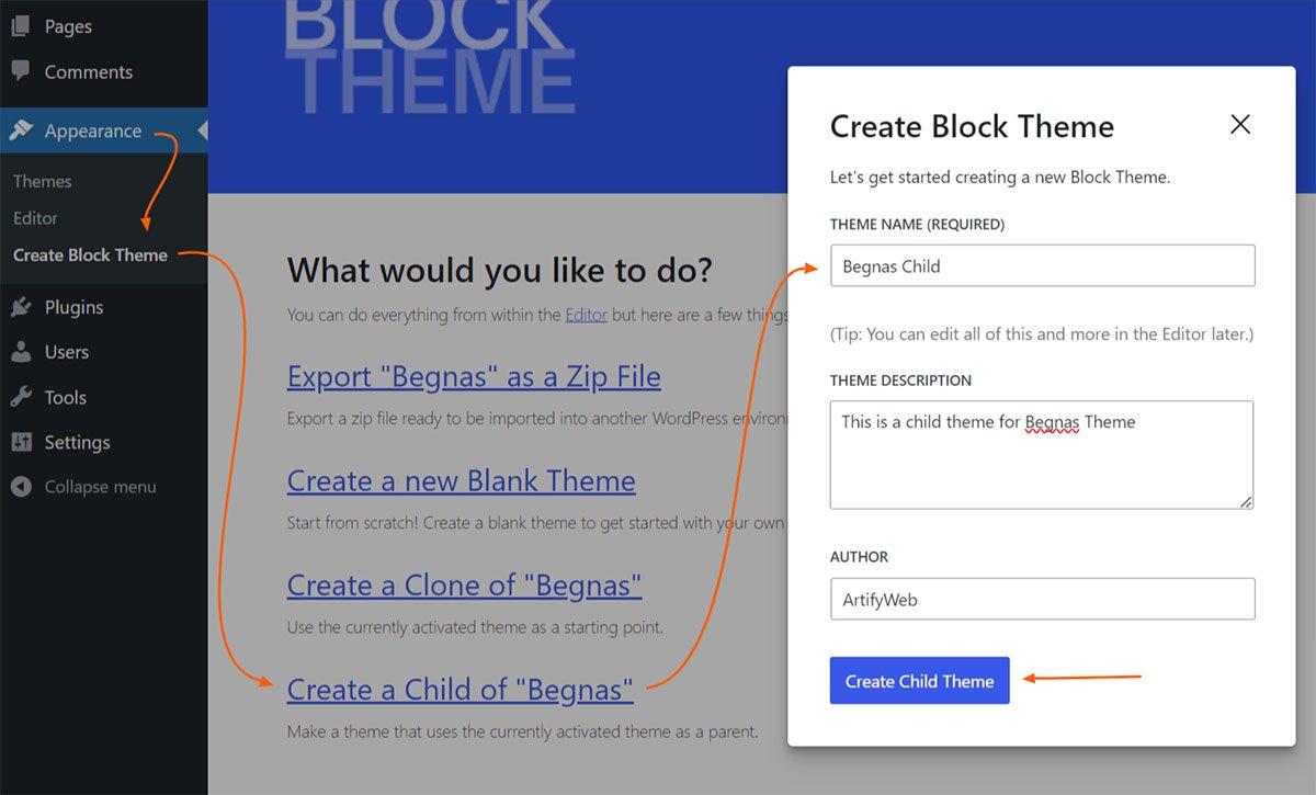 Create child block theme using Create Block Theme plugin