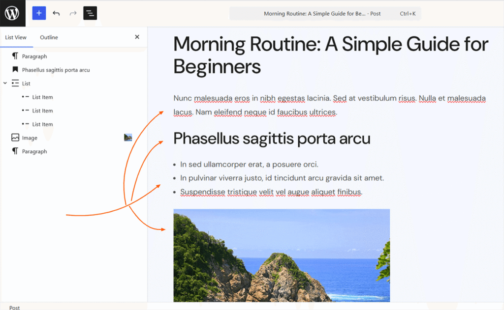 WP Post Editor after adding paragraph, heading, list, and an image