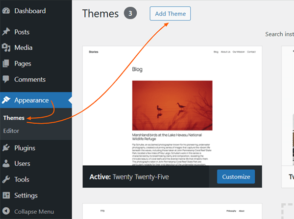 Appearance > Themes > Add New to install theme in WordPress