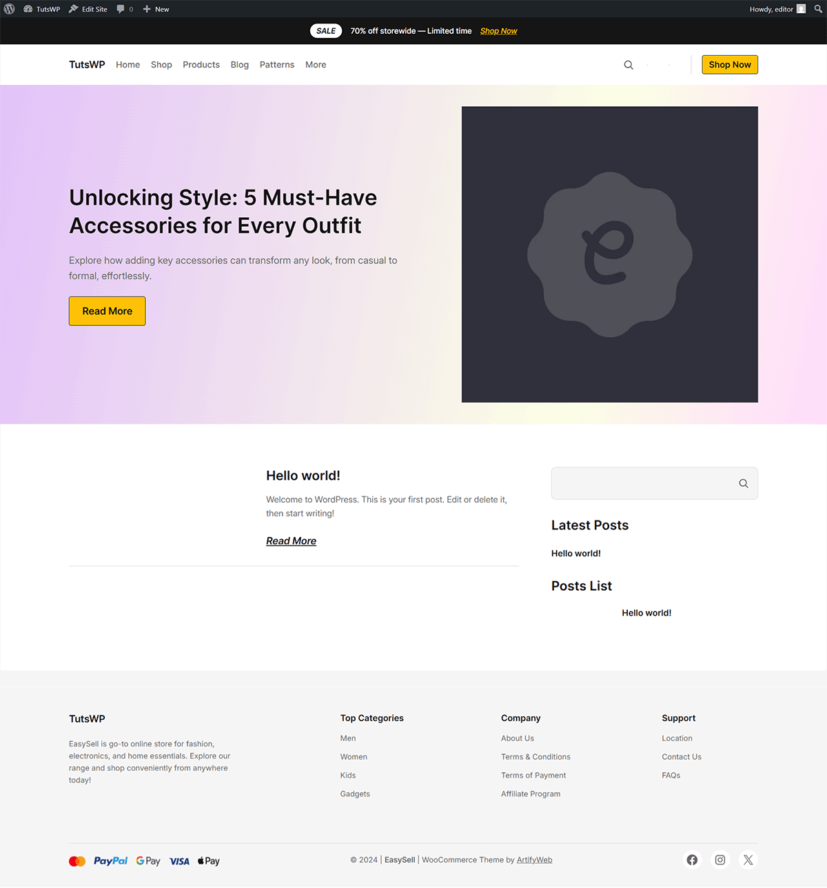 EasySell WooCommerce theme homepage design