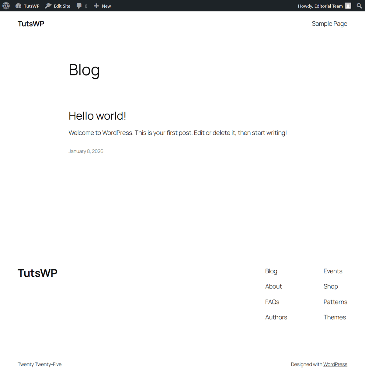 WordPress homepage while default theme is active