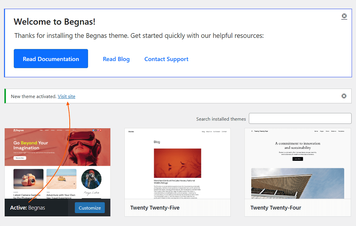 New theme activated and ready to preview site