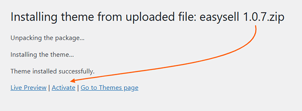 WordPress theme zip file installed