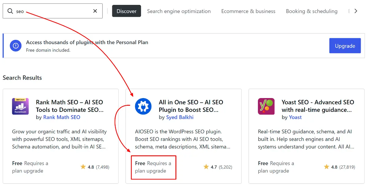 WordPress.org vs WordPress.com: 7 Best Differences Explained (2026 Guide) 13 WordPress.com dashboard prompting upgrade to paid plan before installing SEO plugins