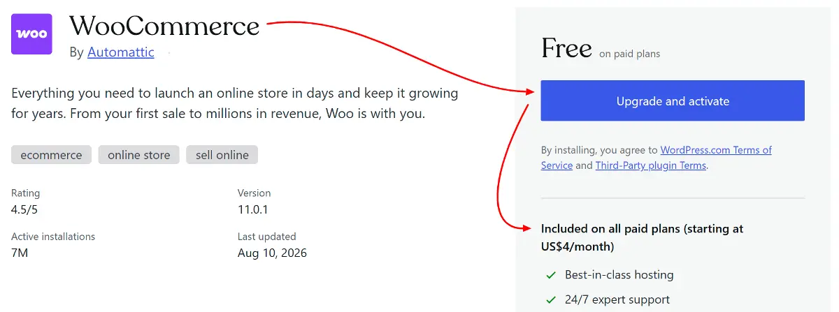 WordPress.org vs WordPress.com: 7 Best Differences Explained (2026 Guide) 10 WordPress.com dashboard showing upgrade requirement to use WooCommerce plugin