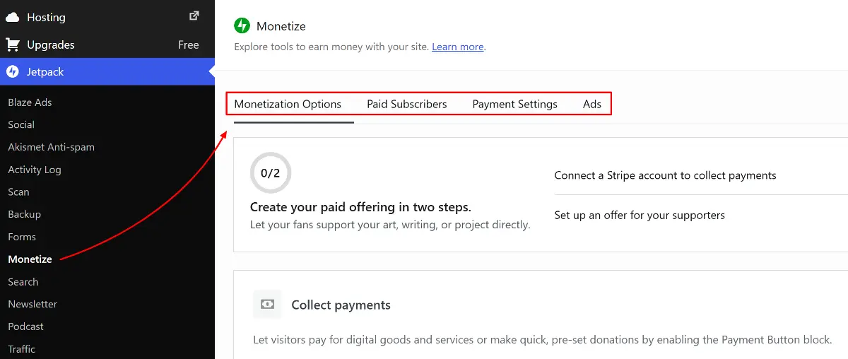 WordPress.org vs WordPress.com: 7 Best Differences Explained (2026 Guide) 11 WordPress.com Jetpack Monetize page showing tabs options for monetization, paid subscribers, ads, and payment settings