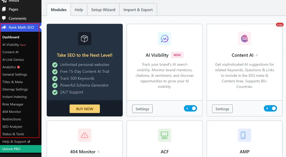 WordPress.org vs WordPress.com: 7 Best Differences Explained (2026 Guide) 12 RankMath SEO dashboard showing settings menus and active modules in WordPress